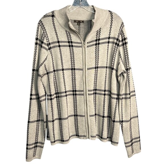 Lety & Me XL Womens Gray & Black Windowpane Zip Cardigan Sweater - Picture 1 of 8